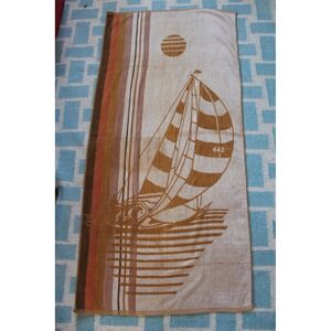 Vtg Franco Brown Cotton Terry Sailboat Beach Towel Retro Nautical Sunset Stripe